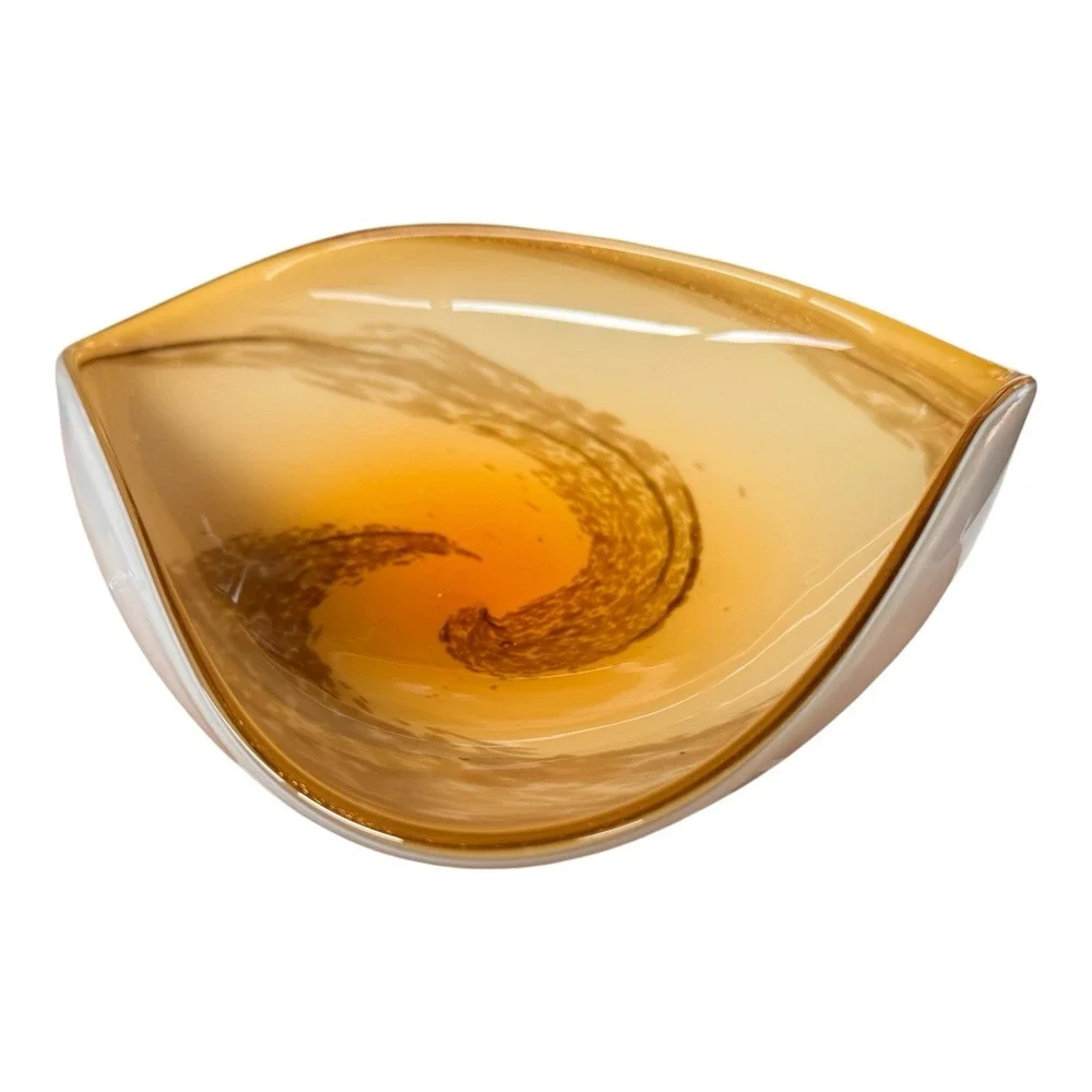 MCM Murano Glass Bowl Yellow Over White Cased with Swirls Gold Glitter‎ Italian